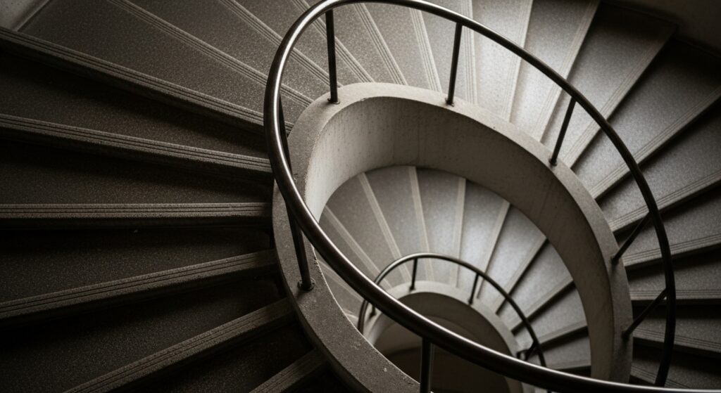A spiral staircase with a sleek metal railing, leading upward in a modern architectural setting.
